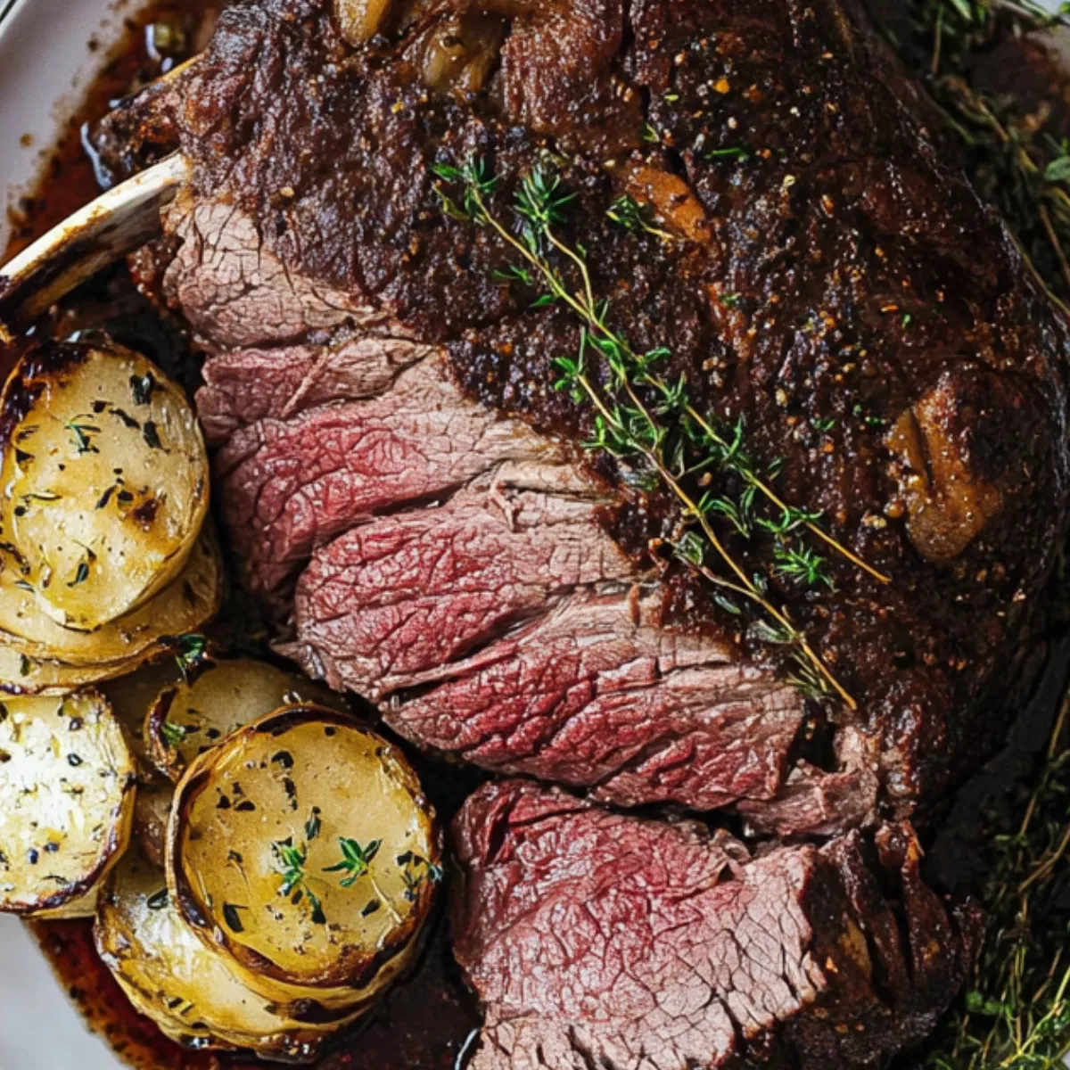 Boneless cross rib roast with rosemary and red wine gravy served on a platter