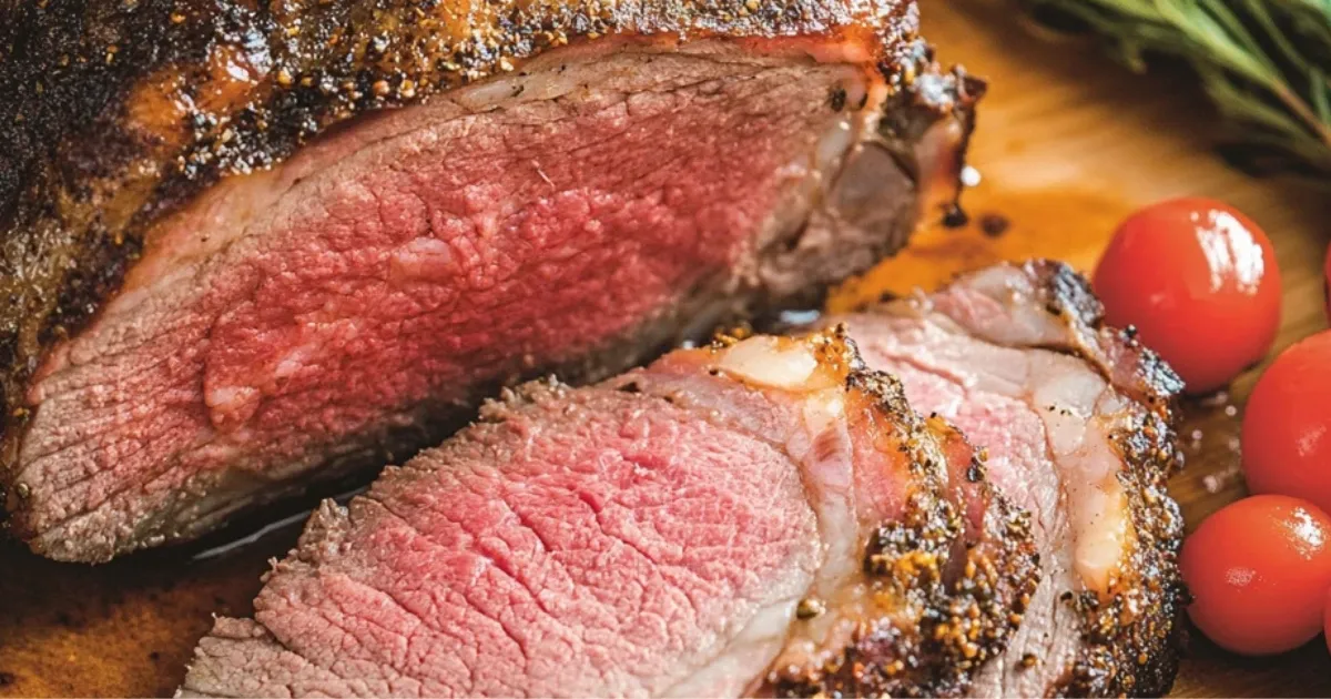 Sliced spoon roast with herb crust served on a rustic cutting board