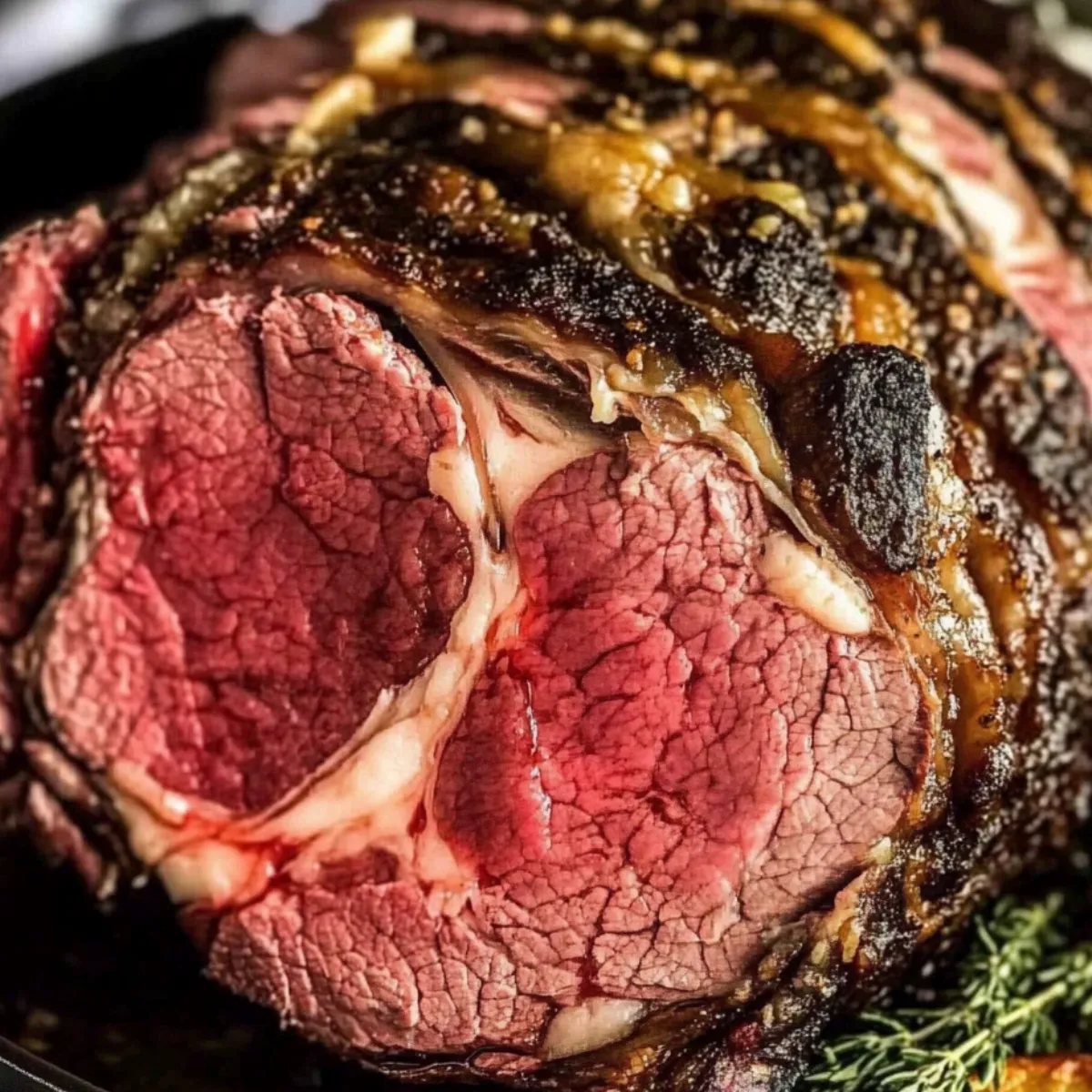 Boneless standing rib roast with herb butter crust, sliced and served.