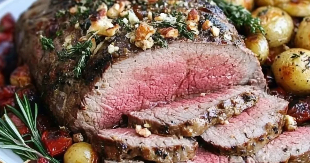 Top sirloin spoon roast sliced and served with creamy horseradish sauce on a rustic dinner table.