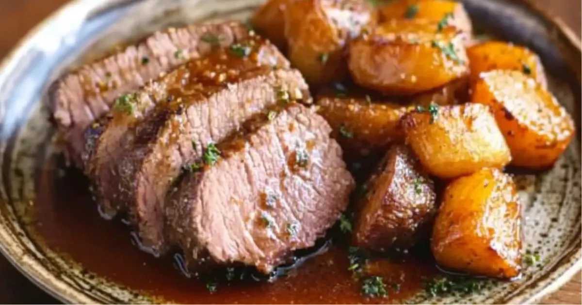 Sliced spoon roast with garlic herb crust on a cutting board.