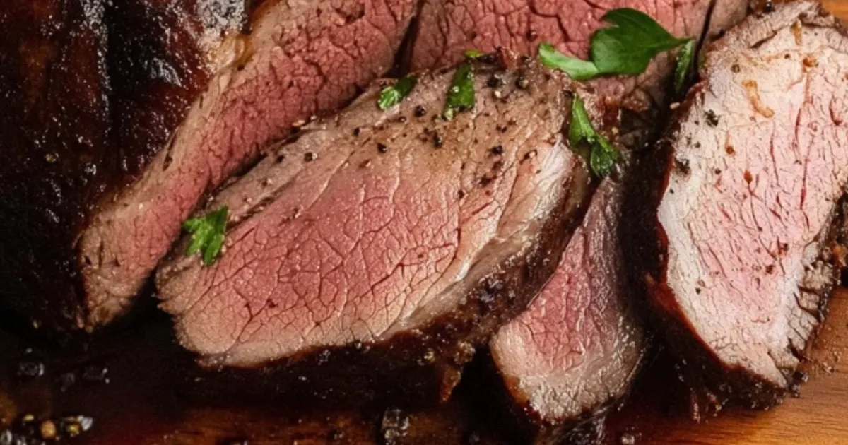 Sliced deer sirloin tip roast served with roasted carrots and potatoes in a cast iron skillet.