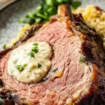 boneless rib eye roast recipes 1 Boneless rib eye roast seasoned with garlic butter, sea salt, and black pepper on a cutting board