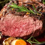 Boneless rib roast with garlic herb crust on a cutting board, sliced and ready to serve.